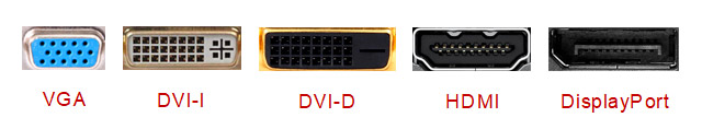 Разъёмы VGA, DVI-I, DVI-D, HDMI, DisplayPort